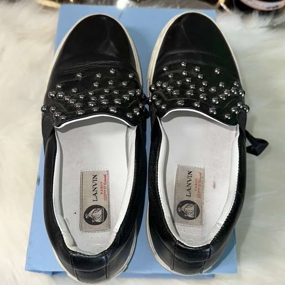 Authentic LANVIN BLACK CALF LEATHER SLIP ON SNEAKER WITH STUDS SIZE 7 - Picture 9 of 10